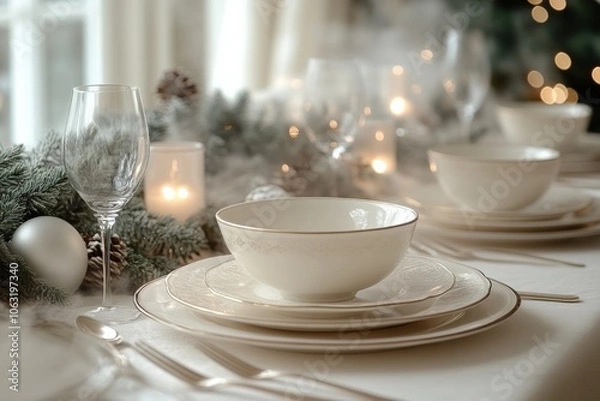 Fototapeta Christmas table setting as home with natural decorations. mystical atmosphere. Close up.