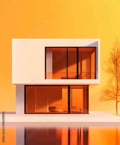 Fototapeta A man in a suit stands outside a modern home, looking out at the orange sunset.