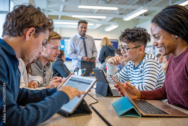 Fototapeta High school students using digital tablets in class with teacher