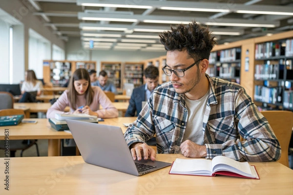 Fototapeta Focused university student studying with laptop and book in library