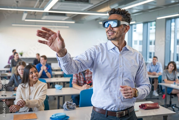Fototapeta University professor using virtual reality headset teaching students futuristic technologies