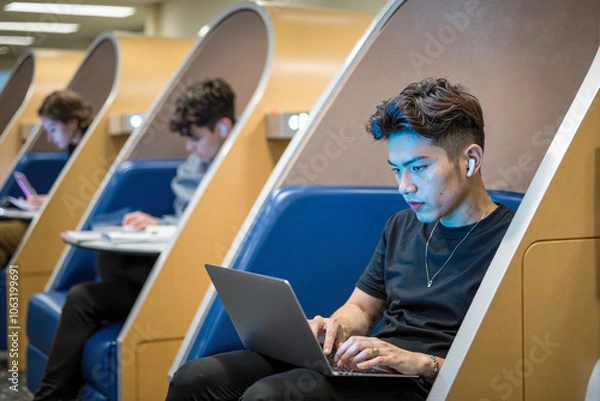 Fototapeta University student working on laptop in modern study pods,