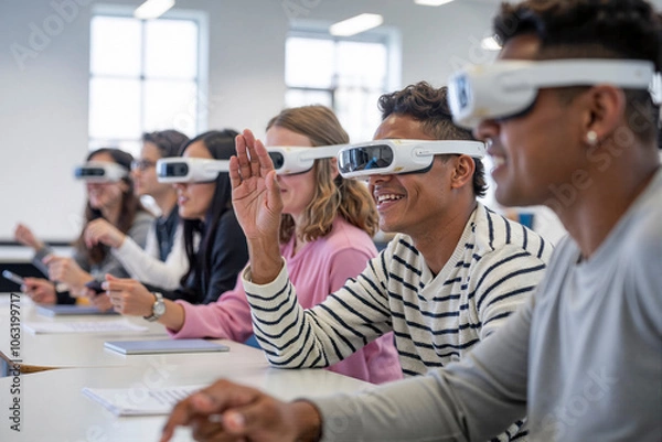 Fototapeta Students raising hands and wearing vr headsets in classroom