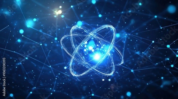Fototapeta Abstract atom cosmic icon or symbol. Nuclear science concept on technology blue background. Atom or molecule with light orbits and bright sparkles in blue polygonal style. Digital vector illustration.