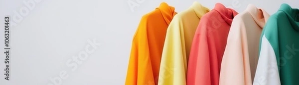 Fototapeta A colorful display of various hooded garments hanging in a row against a neutral background, highlighting modern fashion trends.