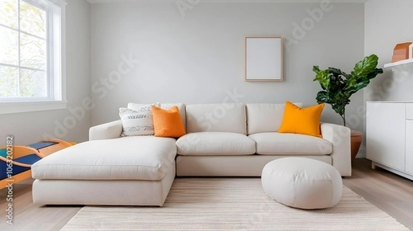 Obraz Comfortable and Inviting Family Friendly Living Room with Large Sectional Sofa Play Area and Neutral Color Palette for a Relaxing and Peaceful Atmosphere