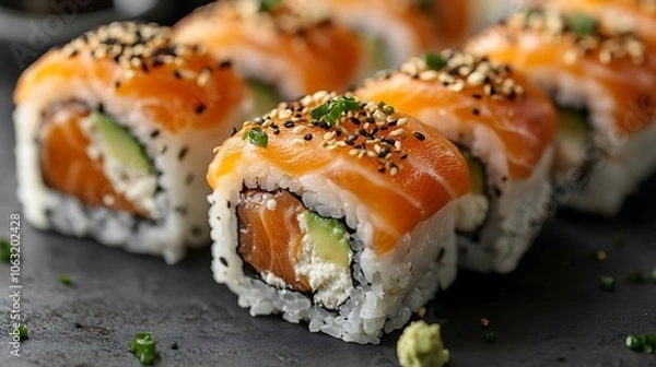 Fototapeta Close-up of delicious-looking sushi rolls, Tasty food close up shot