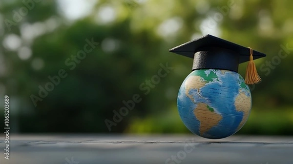 Fototapeta Global Education Concept with Graduation Cap and World Map Photo