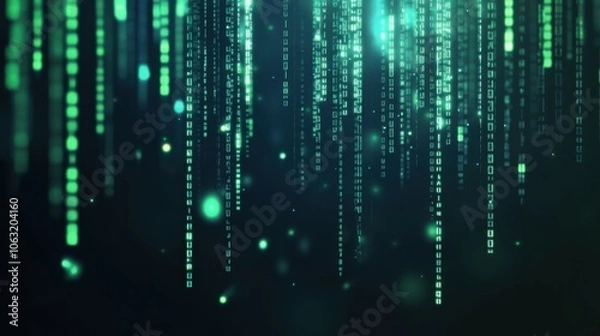 Fototapeta Abstract digital background with green binary code falling down against a dark background.