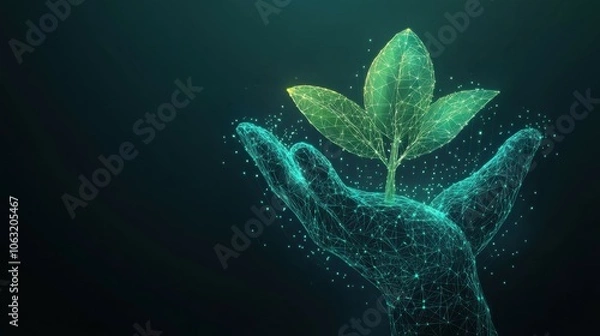 Fototapeta Abstract Digital Hands Protect a Sprout. The Human Covers the Plant with His Palms. Low Poly Wireframe Vector Illustration with 3D Effect. Conservationists Protect the Growing Tree.