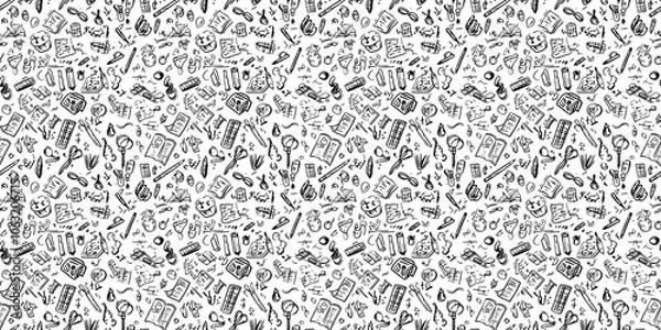 Fototapeta Fun doodle school background with playful, educational illustrations. seamless background pattern