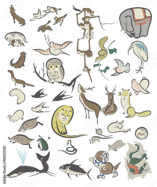 Fototapeta 鍬形蕙斎 鳥獣略画式のイメージイラスト