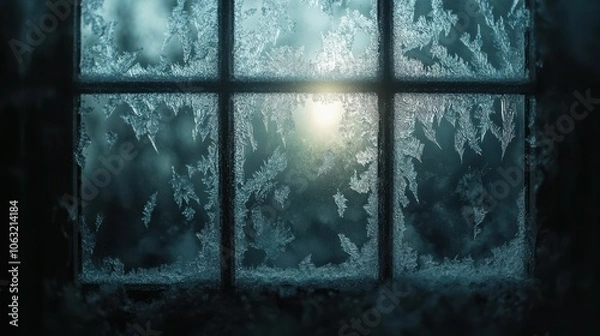 Fototapeta Frost-covered window with a foggy, diffused light shining through, creating a textured, ethereal effect. 4K hyperrealistic photo.
