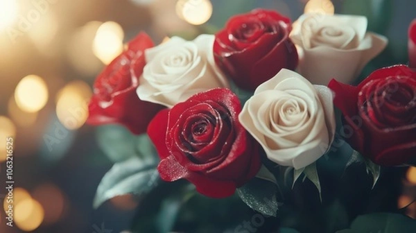 Fototapeta A bouquet of red and white roses, beautifully arranged with soft lighting, creating a romantic and elegant atmosphere.