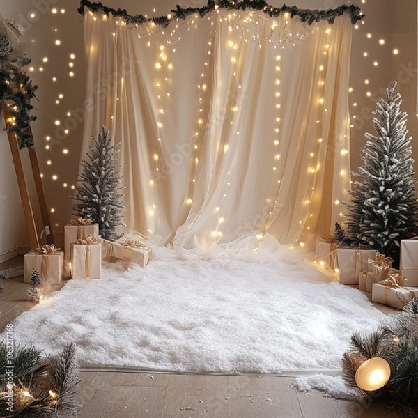 Fototapeta cozy Christmas photoshoot setup with twinkling lights, fake snow, and wrapped gifts creates festive atmosphere
