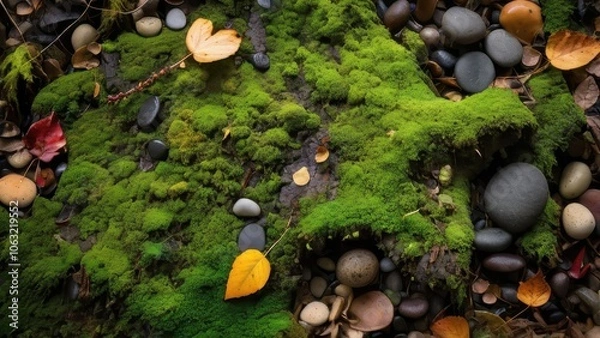 Fototapeta A serene forest landscape showcasing vibrant green moss covering the ground, fallen leaves, and tranquil fallen logs under a golden autumn light