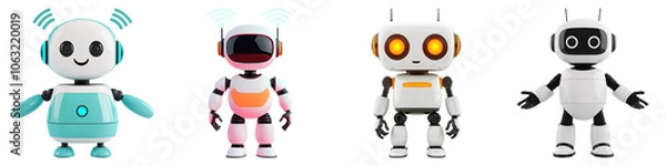 Fototapeta A colorful array of four playful, cartoon-style robots with unique features and expressions set against a white background.