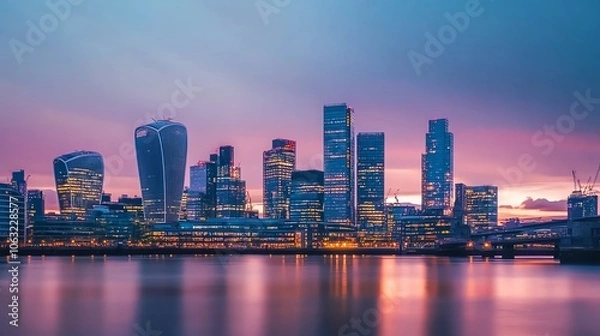Fototapeta A cityscape at dusk with a river in the foreground.