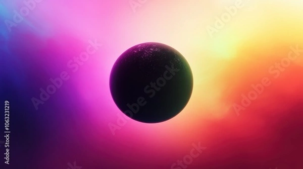 Fototapeta dark black sphere against a radiant vibrant gradient backdrop. Mysterious silhouette against rainbow gradient. Black hole with ambiance light effect.