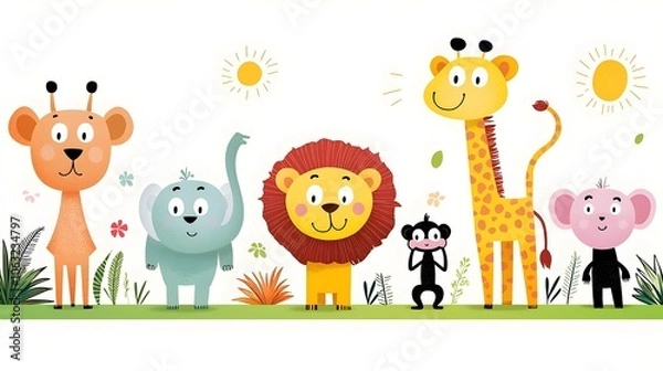 Fototapeta Vibrant and Whimsical Cartoon of Playful Jungle Animals like Lion Elephant Giraffe and Monkey in a Cheerful Tropical Forest Landscape