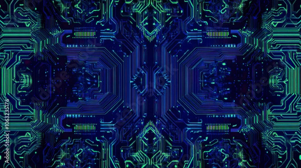 Obraz Abstract futuristic circuit board design with symmetrical neon patterns