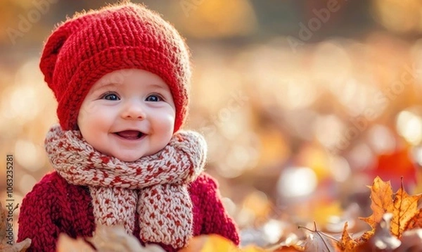 Fototapeta Happy baby in a red knit hat and scarf smiling while surrounded by autumn leaves Generative AI