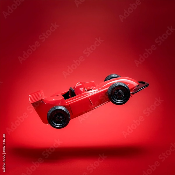 Fototapeta a red toy race car floating or flying isolated on Clean Red background