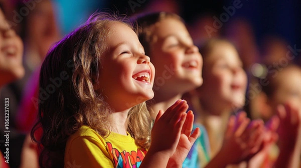 Fototapeta Joyful children enjoying a lively performance in a theater during an engaging event celebrating creativity and teamwork