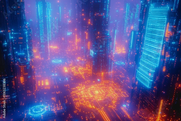 Fototapeta Explore a vibrant futuristic landscape filled with glowing circuit patterns and digital elements, creating an immersive virtual environment rich in color and technology.