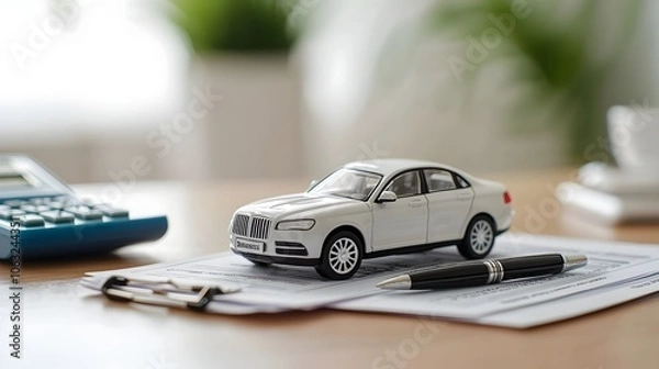 Fototapeta Closeup of a small toy car model placed next to a stack of car insurance documents a pen and a calculator on a wooden office desk  Concept of car ownership vehicle insurance and financial planning