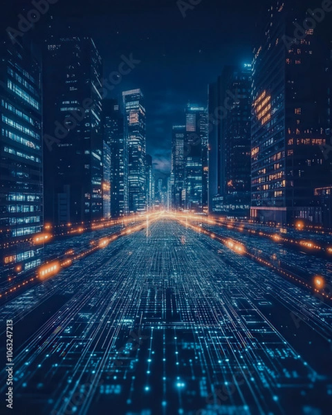 Fototapeta Explore a captivating futuristic cityscape at night, showcasing vibrant data patterns, modern architecture, and a unique blend of technology and urban life.