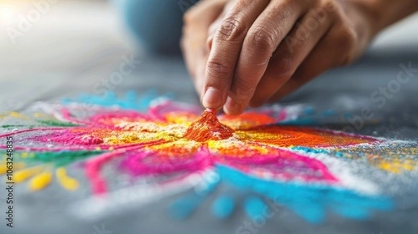 Fototapeta A person is creating a colorful rangoli design using vibrant powders on a dark surface, showcasing artistic skill and cultural tradition.