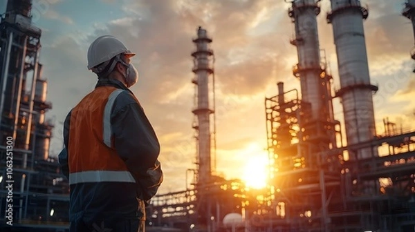 Fototapeta Worker in Protective Gear at Sunset Oil Refinery with Steel Structures