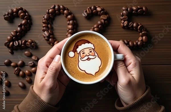 Fototapeta Female hands hold a cup of coffee, an image of Santa is applied to the surface of the drink, the numbers 2025 are laid out on the table made of coffee beans, the concept of Christmas and New Year
