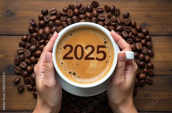 Fototapeta There is a cup of coffee on a wooden table with coffee beans, the cup is held by female hands, on the surface of the coffee there is a drawing of 2025, the concept of Christmas and New Year