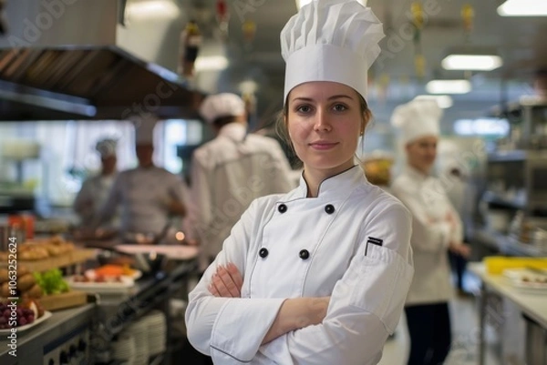 Obraz A young Caucasian female chef in the middle of a modern restaurant kitchen, arms crossed and looking confidently at the camera, embodies professionalism as a skilled chef in her twenties.
