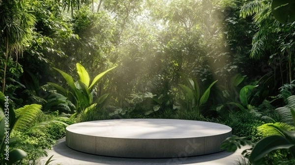 Fototapeta Contemporary circular concrete pedestal surrounded by vibrant greenery for showcasing products