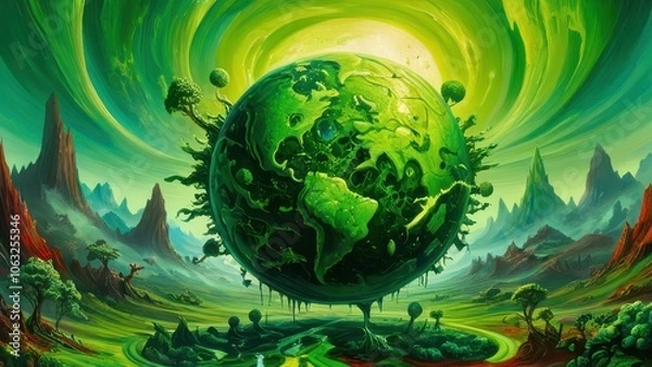 Fototapeta A vibrant alien landscape featuring a glowing green planet, surreal rock formations, and an ethereal atmosphere. Perfect for sci-fi and fantasy themes