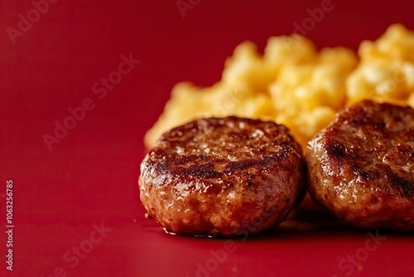 Fototapeta studio lighting, product shot, side view, close up of delicious sausage patties next to delicious scrambled eggs, red solid background, high saturationcinematic still ,generative ai