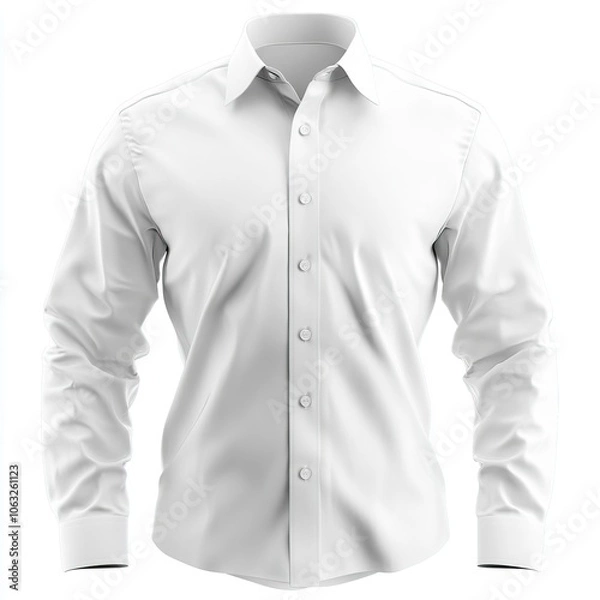 Fototapeta The white shirt is shown on the front with long sleeves and buttons down the center, a plain cotton material, a large collar with no creases or folds,generative ai