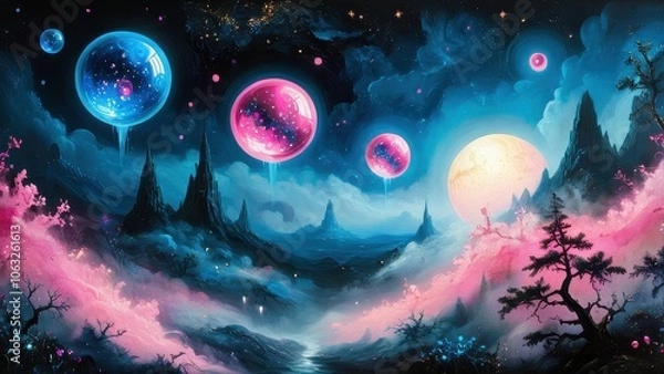 Fototapeta A stunning cosmic landscape featuring vibrant pink planets and ethereal clouds, set against a mesmerizing starry sky. Perfect for science fiction themes and space art