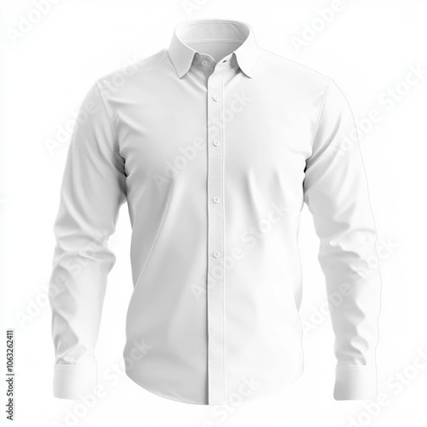 Fototapeta The white shirt is shown on the front with long sleeves and buttons down the center, a plain cotton material, a large collar with no creases or folds,generative ai
