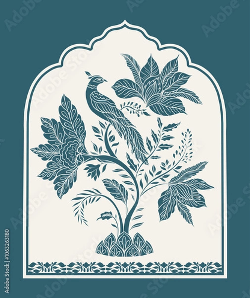 Fototapeta Bird sits on a branch.Mughal decorative ornamental floral. Vintage intricate traditional mughal style with flowers and foliage.