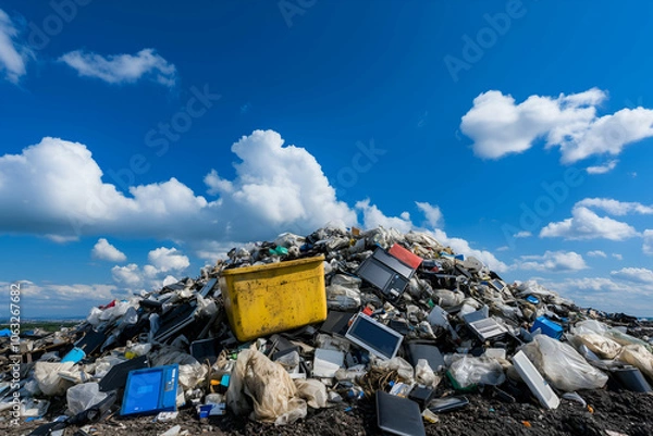 Fototapeta Huge pile of electronic waste polluting the environment under a cloudy blue sky, representing the growing problem of e waste disposal and environmental damage