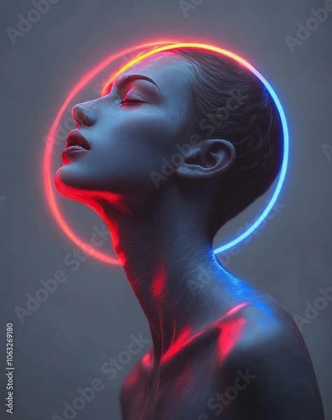 Fototapeta The face glows with an aura of blue light on one side and a red glow on the other.