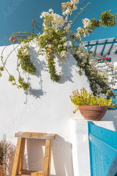 Obraz The picturesque architecture of Paros features a bright blue door and whitewashed walls adorned with blooming flowers under a clear sky, showcasing the island's natural beauty.
