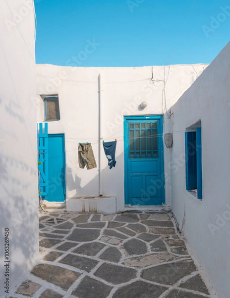 Obraz A narrow alleyway in the Cyclades showcases traditional whitewashed houses with bright blue doors. Clothes hang out to dry, adding character to the picturesque setting.