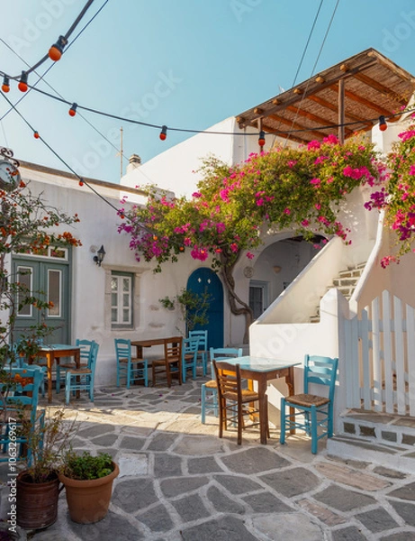 Obraz A picturesque alley in Paros features a traditional house surrounded by bright bougainvillea. Outdoor tables create a welcoming atmosphere for visitors to relax and enjoy the view.