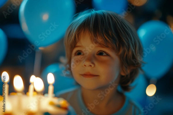 Fototapeta Cute Boy Blowing Out Candles on a Colorful Birthday Cake