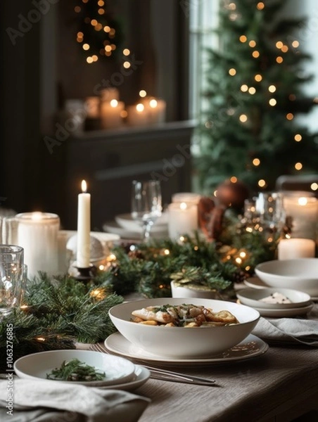 Fototapeta The festive dining table is beautifully arranged with seasonal dishes, candles, and garlands, ready for a joyful Christmas gathering. Generative AI